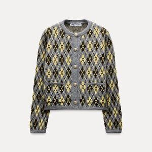 ZARA Classic Argyle Knit Cardigan with Gold Buttons Size Medium Yellow Gray NEW